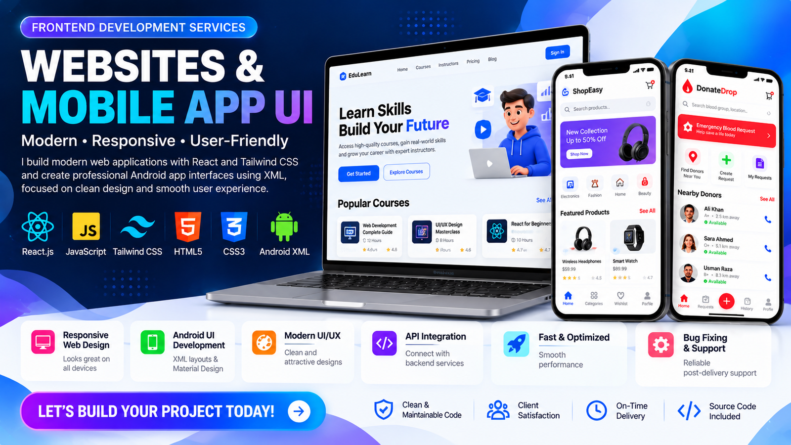 I will develop responsive React websites and Android mobile app UI